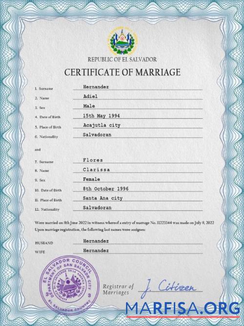 Printable Salvador marriage certificate PSD template